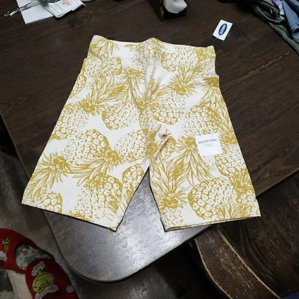 New Old Navy White Mustard Yellow Pineapples Biker Shorts Size Girl's 10/12